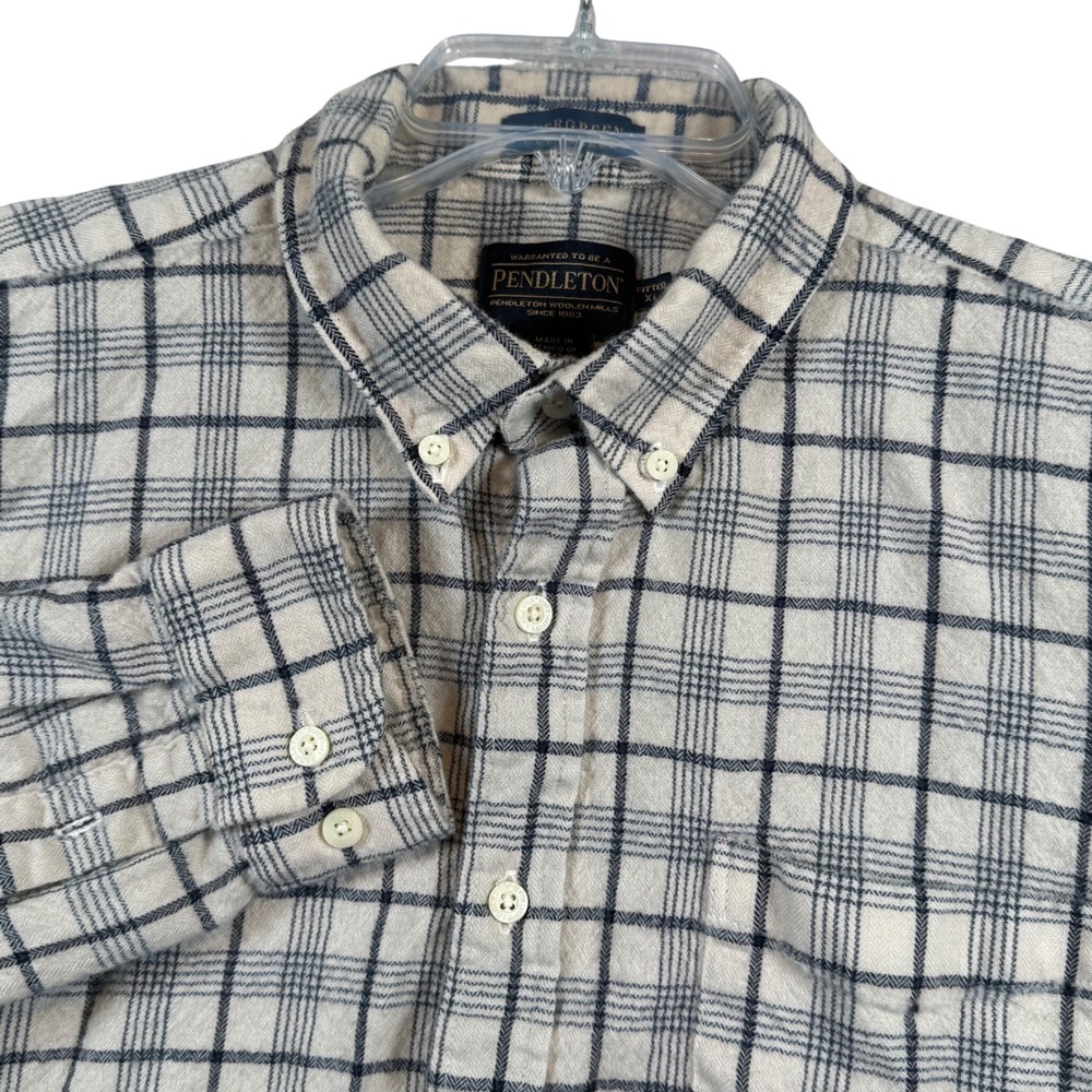 Pendleton Evergreen Shirt Mens XL Cream Navy Blue Plaid 100% Virgin Wool Fitted